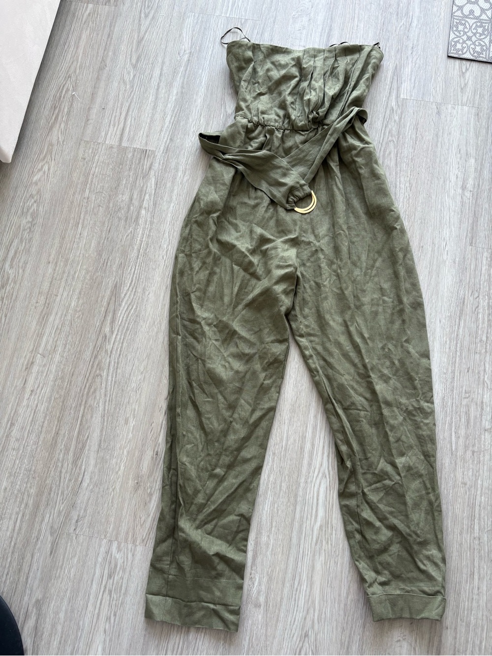 NWT- Linen Blend Zara Olive Strapless Belted Jumpsuit